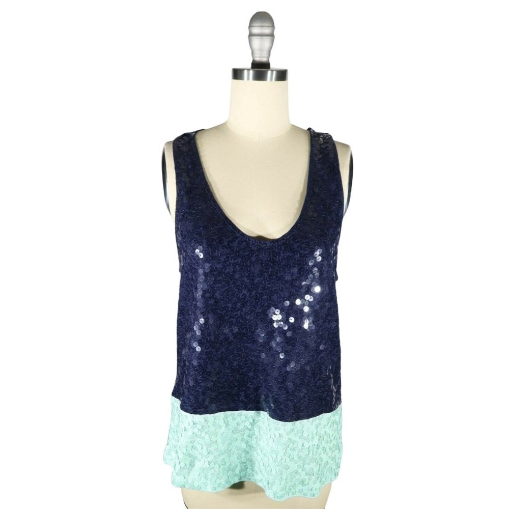 J CREW Size S Colorblocked Sequin Navy Blue Mint Green Cotton Tank Top NWT - Picture 1 of 4